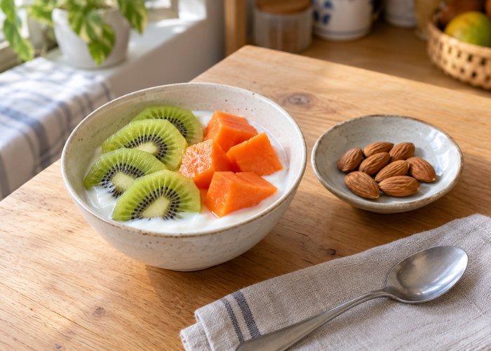 Bữa phụ gồm sữa chua không đường, kiwi, đu đủ và một ít hạnh nhân