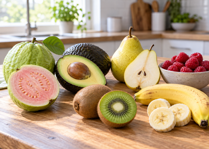 Ổi, bơ, lê, kiwi, chuối và mâm xôi tươi trên bàn bếp