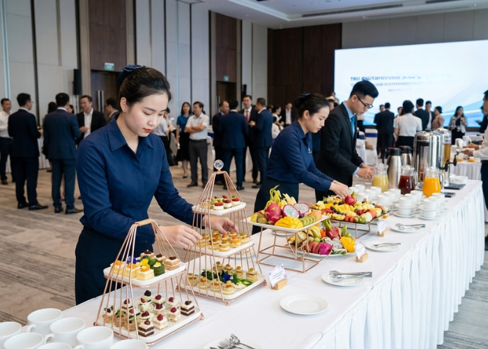 setup bàn tiệc teabreak cho hội thảo và workshop doanh nghiệp