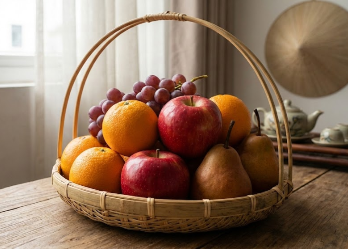 Giỏ hoa quả 500k gồm cam, táo, nho – phù hợp làm quà biếu
