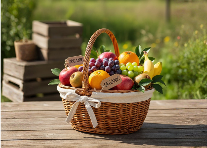 Hoa quả hữu cơ trồng tự nhiên trong giỏ mây thân thiện môi trường