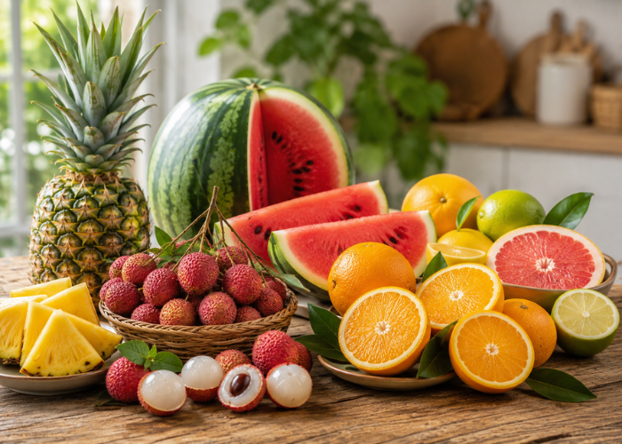 Các loại trái cây giàu vitamin C trong tháng 4 gồm dứa, dưa hấu và vải thiều