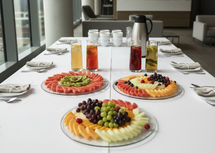 Setup tiệc trà teabreak bằng hoa quả gọt sẵn cho sự kiện doanh nghiệp