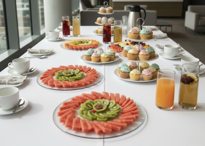 Bàn tiệc trà teabreak kết hợp hoa quả gọt sẵn và bánh ngọt mini
