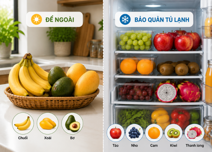 Nhóm trái cây nên để ngoài và nhóm nên bảo quản trong tủ lạnh